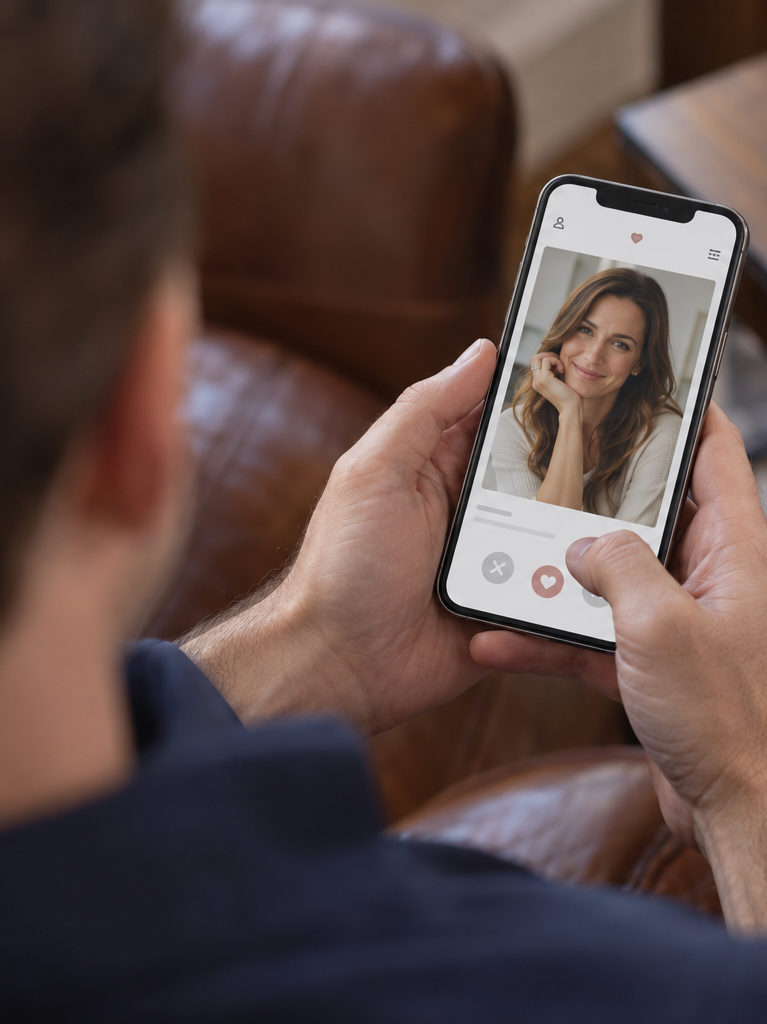 Man viewing a woman's dating profile on his phone